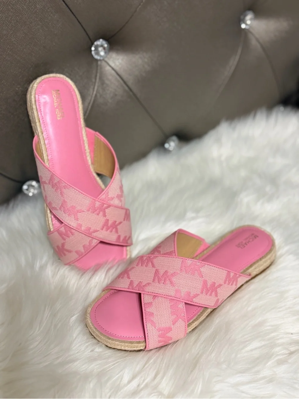 Michael Kors Jolie Espadrille Pink MK Monogram Crisscross Slide Sandals
